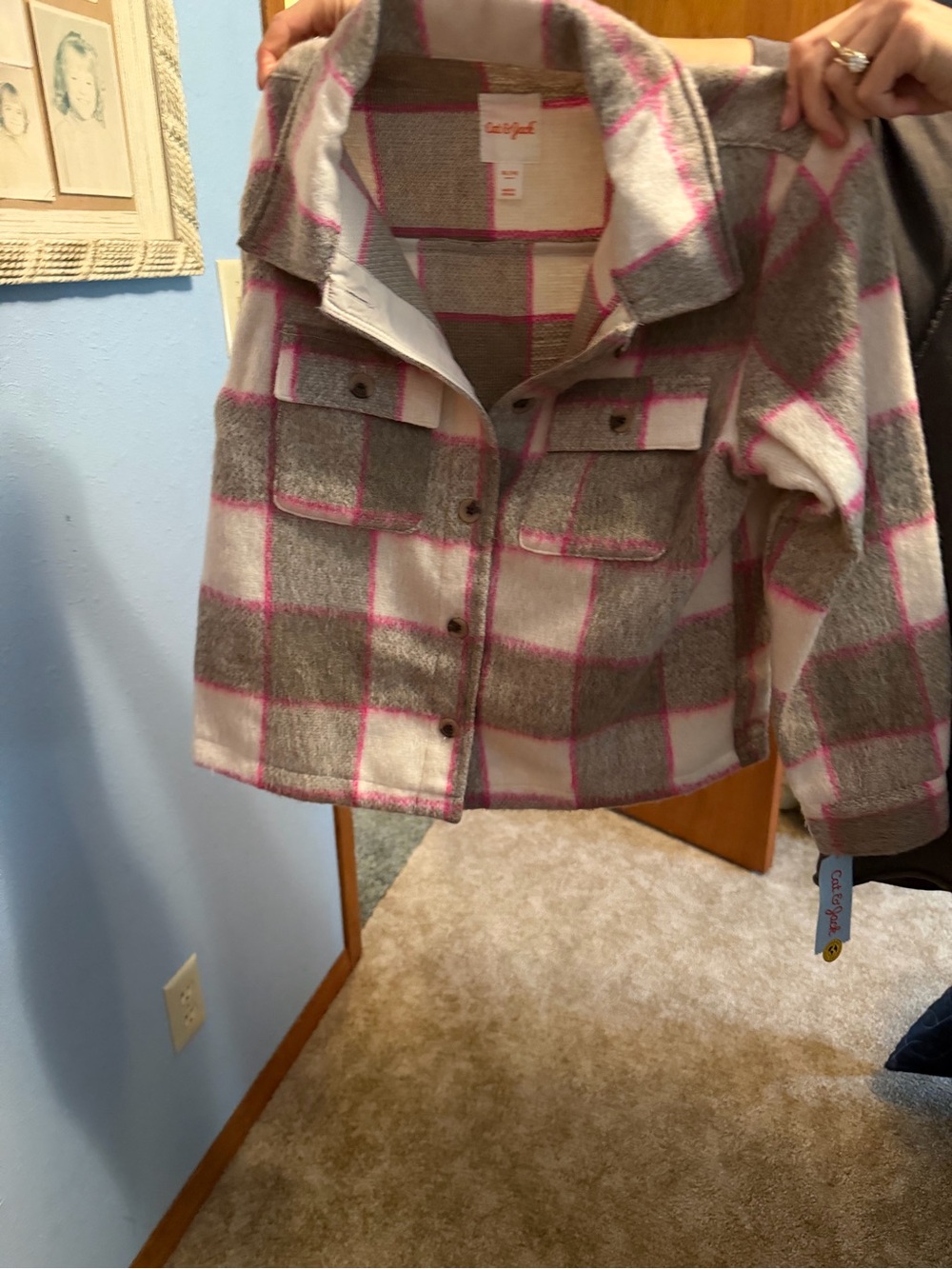 Pink & Gray Plaid Button-Up Kids Jacket